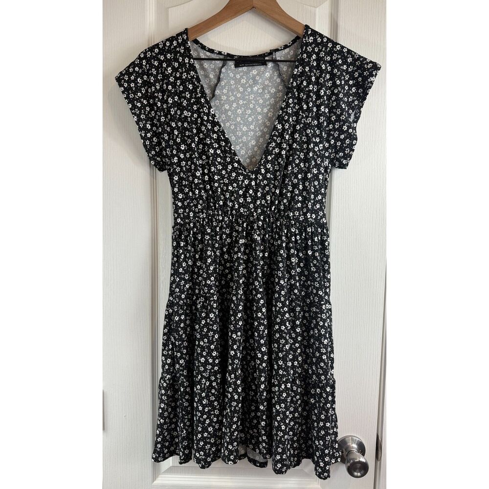 Urban Outfitters Julia Tiered Ruffle Mini Dress Black White Floral Women's XS